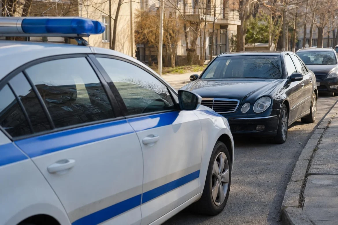 Полицейски автомобил и европейска кола на улица в Левски