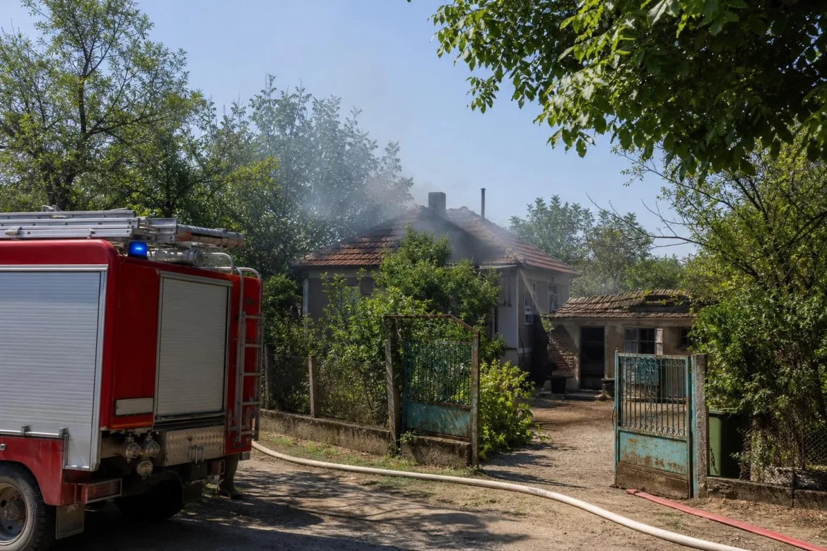 Пожарникари пред къща след пожар в село Каменец