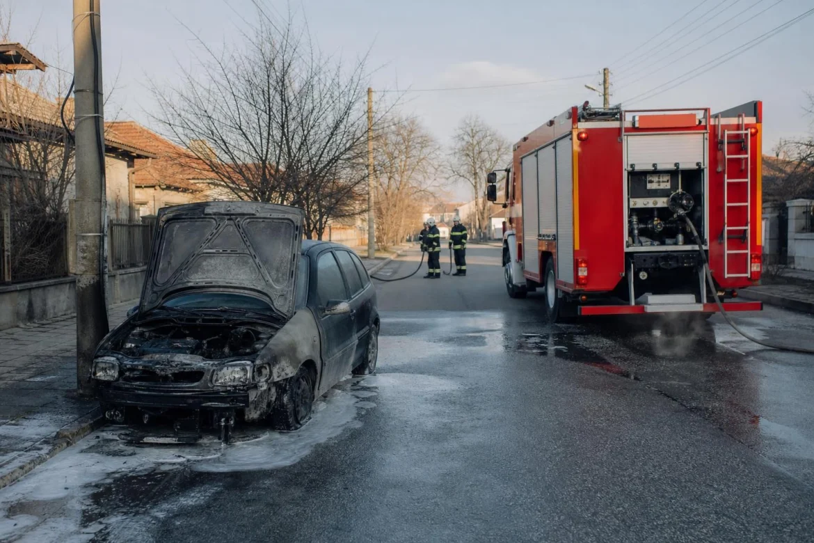 Пожарна и автомобил след пожар на улица в Долни Дъбник