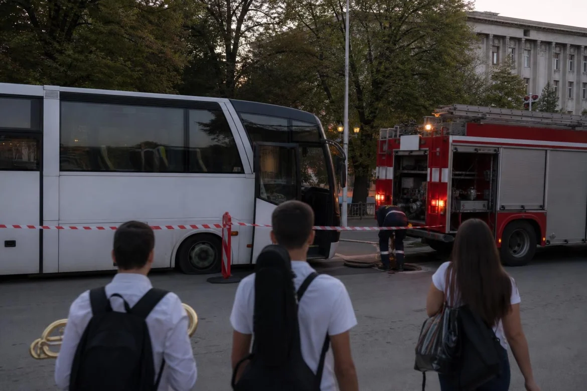 Ученически автобус и пожарен автомобил на улица в Плевен след инцидент.